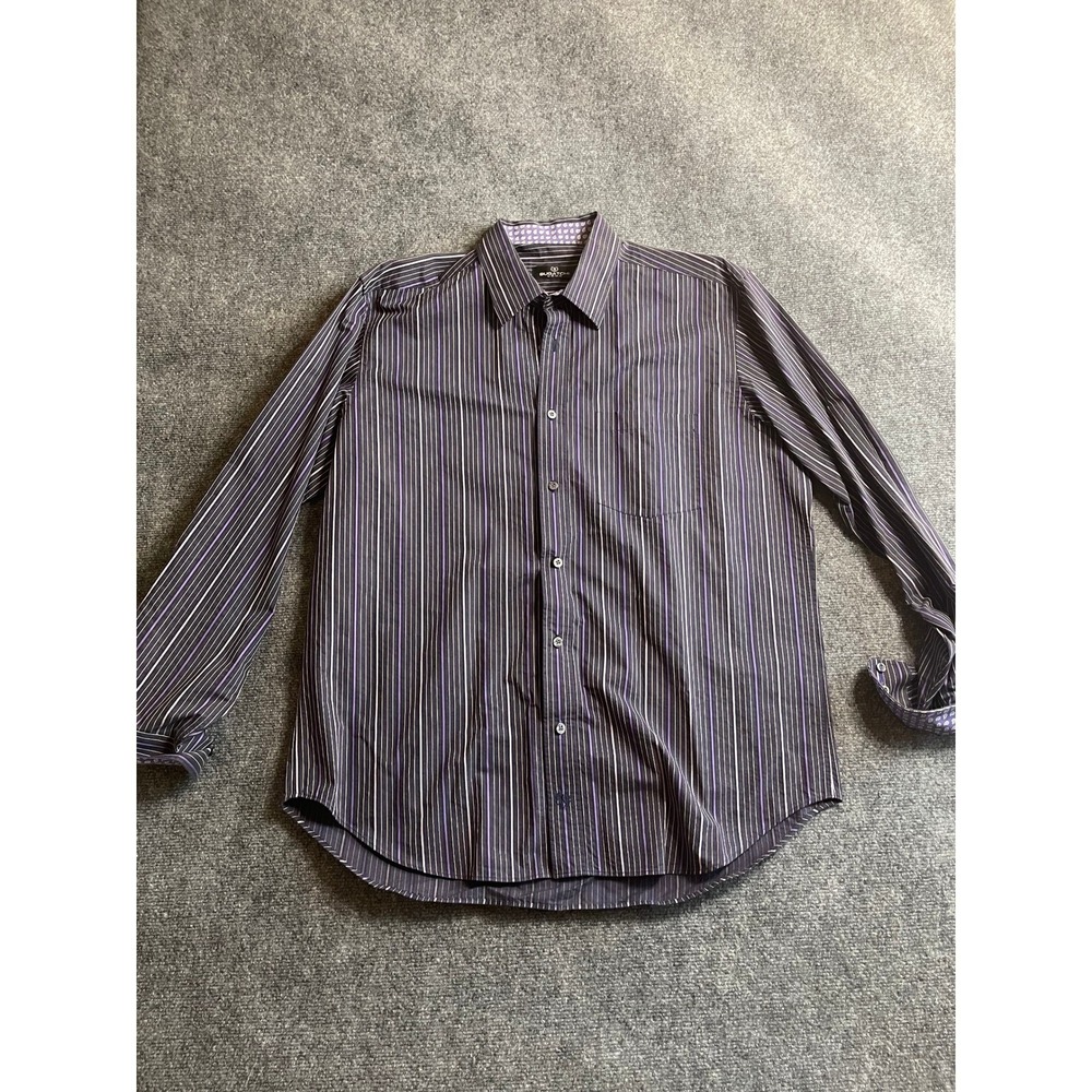 Bugatchi Uomo Mens XL Purple Striped Long Sleeve Button Down Shirt Paisley Trim